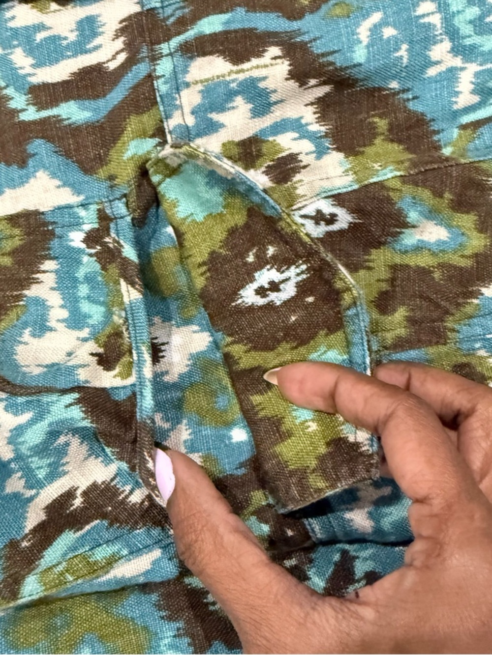 Vintage Charter Club Teal Brown Ikat 100% Linen Pockets Blazer Jacket Women’s L - Picture 8 of 11